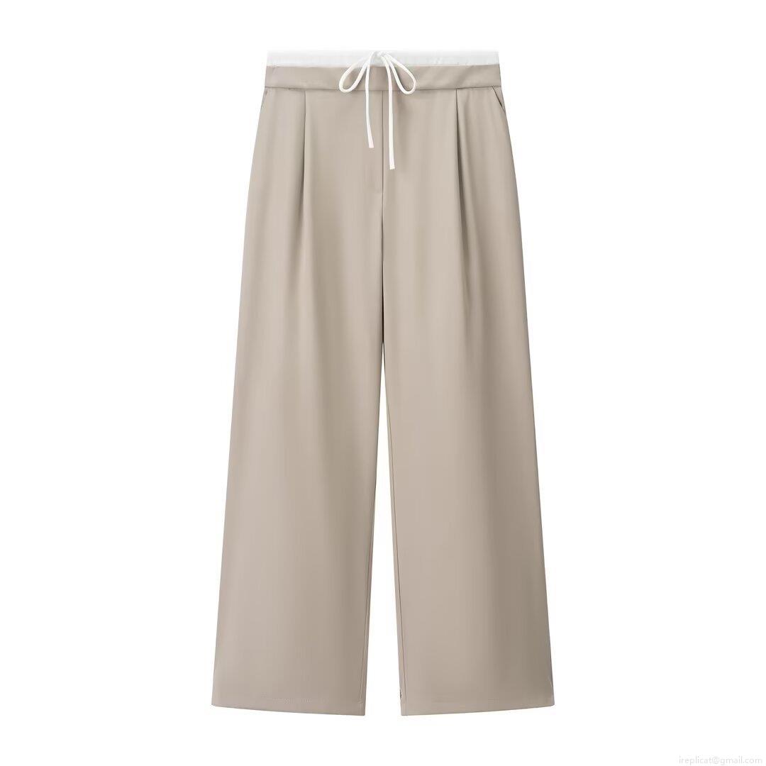 Women's High Waist Wide Leg Pants Elegant Elastic Drawstring Contrast Waist Draped Straight Trousers Casual Loose Fit Office Slacks Versatile Daily Bottoms