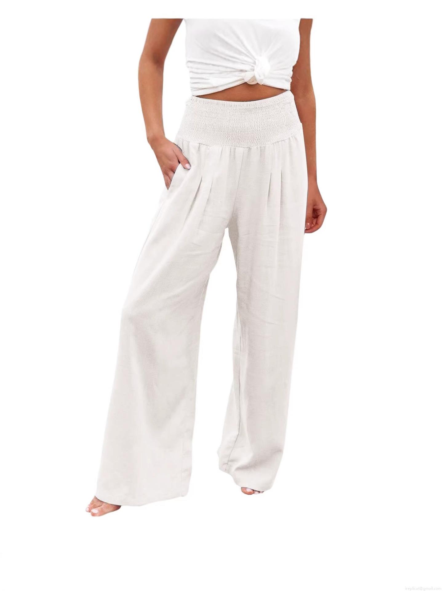 Women's Wide Leg Pants Cotton Linen Blend High Waist Elastic Smocked Waist Casual Beach Vacation Loose Flowy Solid Color Long Trousers with Pockets