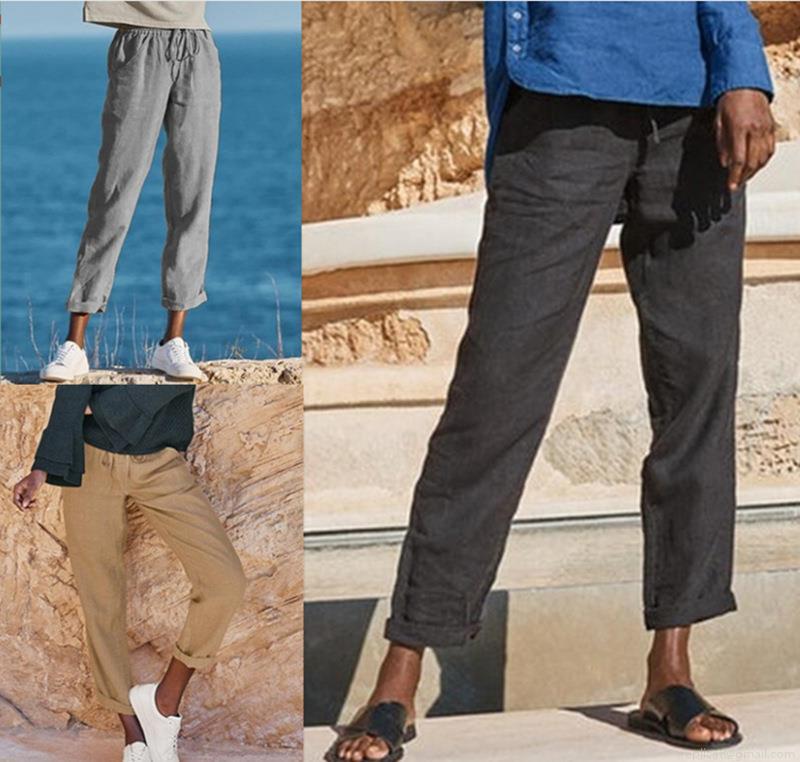 Women's Cotton Linen Wide Leg Pants Casual Loose Drawstring High Waist Trousers with Pockets Soft Breathable Solid Color Trousers for Summer Beach Vacation
