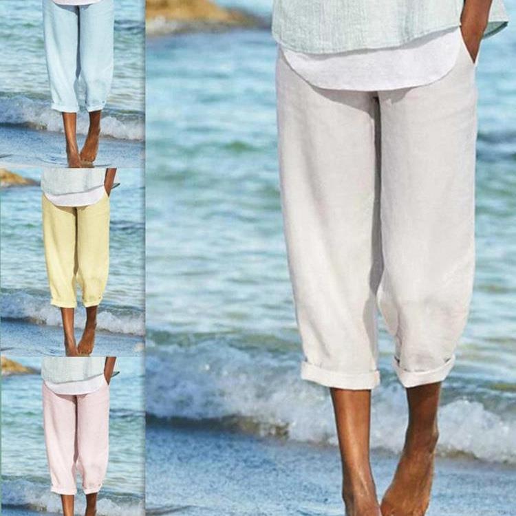 Women's Cotton Linen Wide Leg Pants Casual Elastic Waist Trousers Breathable Summer Beach Vacation Loose Nine-Point Pants With Pockets Solid Color Retro Bottoms For Ladies