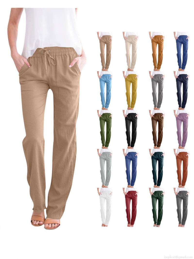 Women's Casual Cotton Linen Wide Leg Pants High Waist Elastic Drawstring Loose Trousers Breathable Solid Color Summer Pants With Pockets