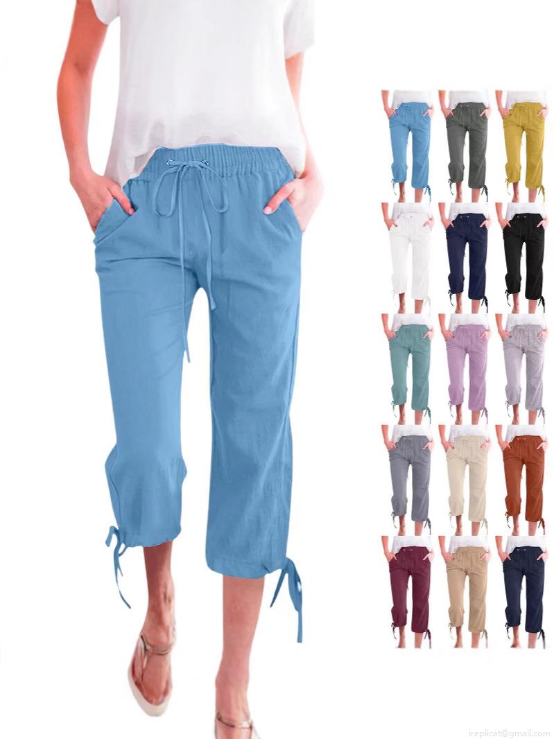 Women's Casual Cotton Linen Wide Leg Capri Pants Loose Elastic Waist Drawstring Solid Color Cropped Trousers With Pockets And Tie Hem