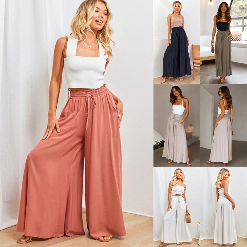 Women High Waisted Wide Leg Pants Loose Drawstring Elastic Waist Trousers Casual Beach Vacation Palazzo Pants With Pockets Solid Print Summer Fashion