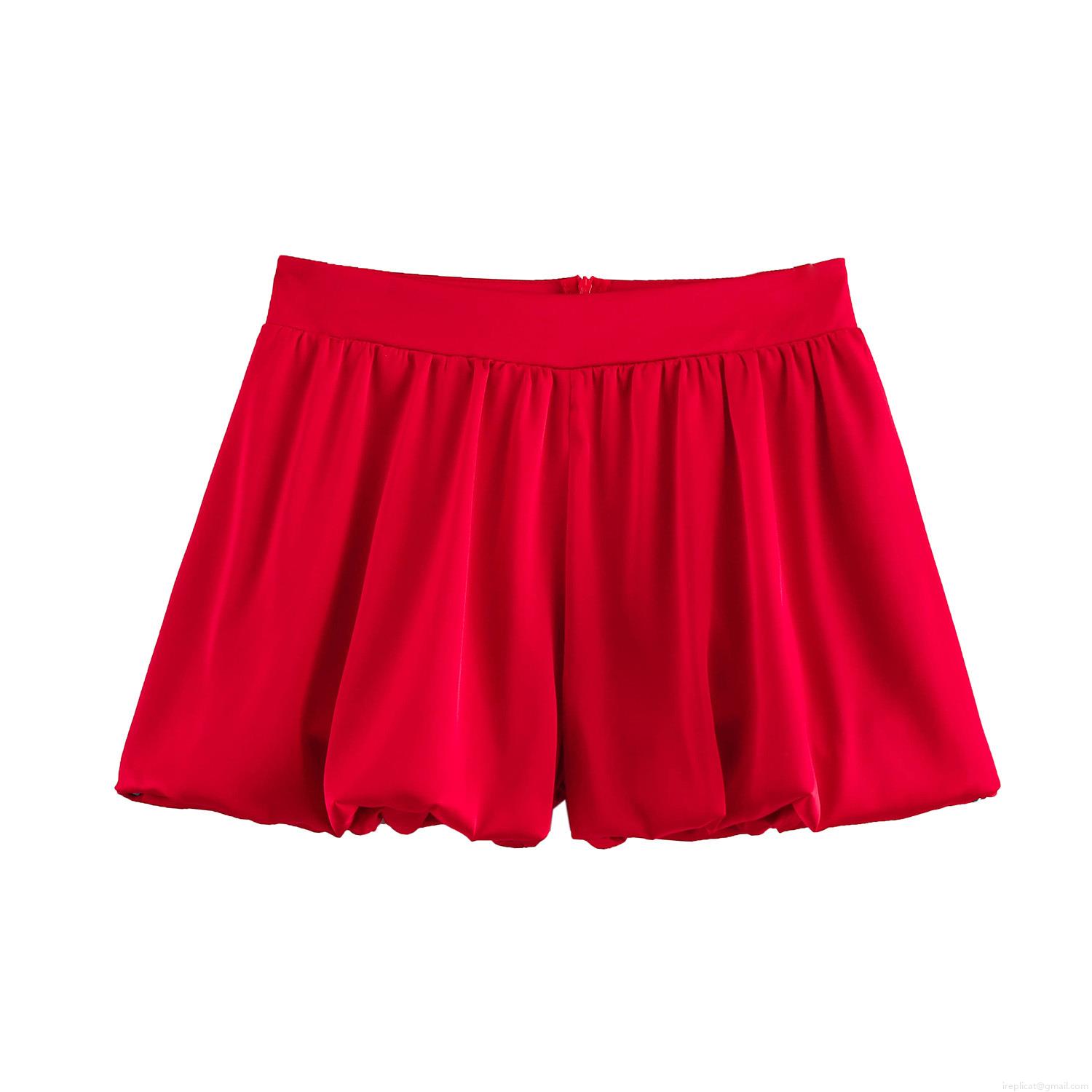Women's Elegant Red Satin Bubble Shorts Mid Waist Pleated Bloom Shorts With Hidden Zipper Summer Casual Solid Color Polyester Hot Pants