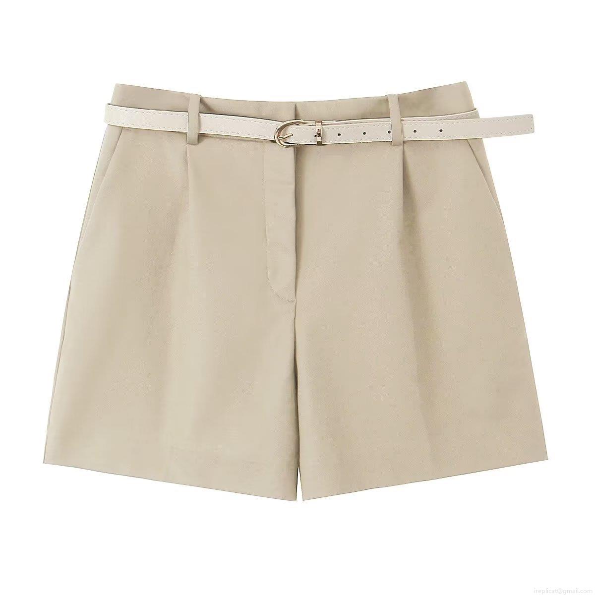 Women's High Waist Shorts With Belt Summer Casual Pleated Straight Leg Shorts 100% Polyester Solid Color Streetwear Bottoms For Women