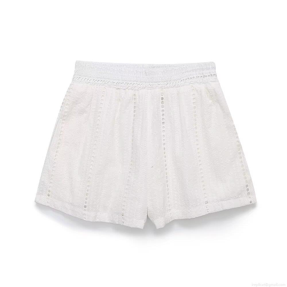 Women's Cotton Polyester Embroidery Hollow Out Shorts Summer Beach Vacation High Waist Elastic Wavy Hem Casual Solid Color Streetwear Shorts for Women