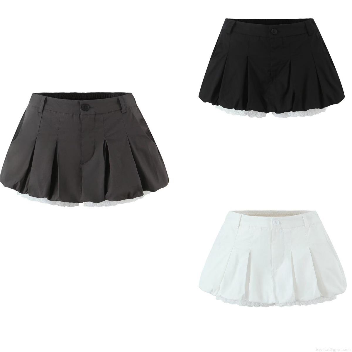 Women's Pleated Skorts Shorts 100% Cotton Lace Trim Breathable Low Waist Daily Summer Streetwear Dating Retro Sweet A-Line Style Women Button Decorative