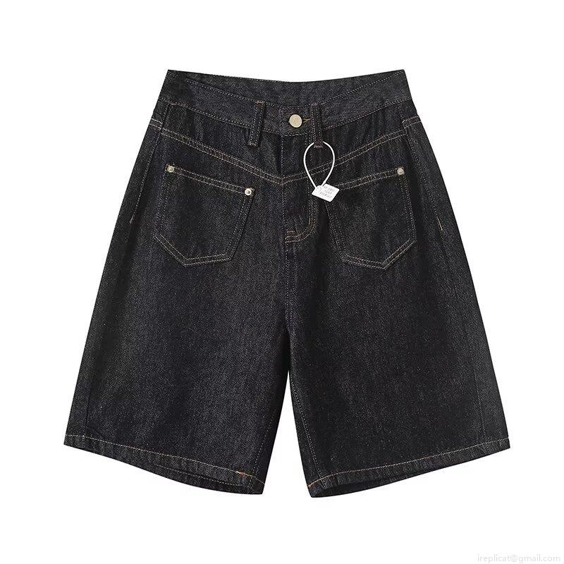 Women's Summer European Style Loose Denim Shorts Contrast Stitching V-Shape High Waist Wide Leg Five-Point Pants Black Streetwear Casual Bottoms