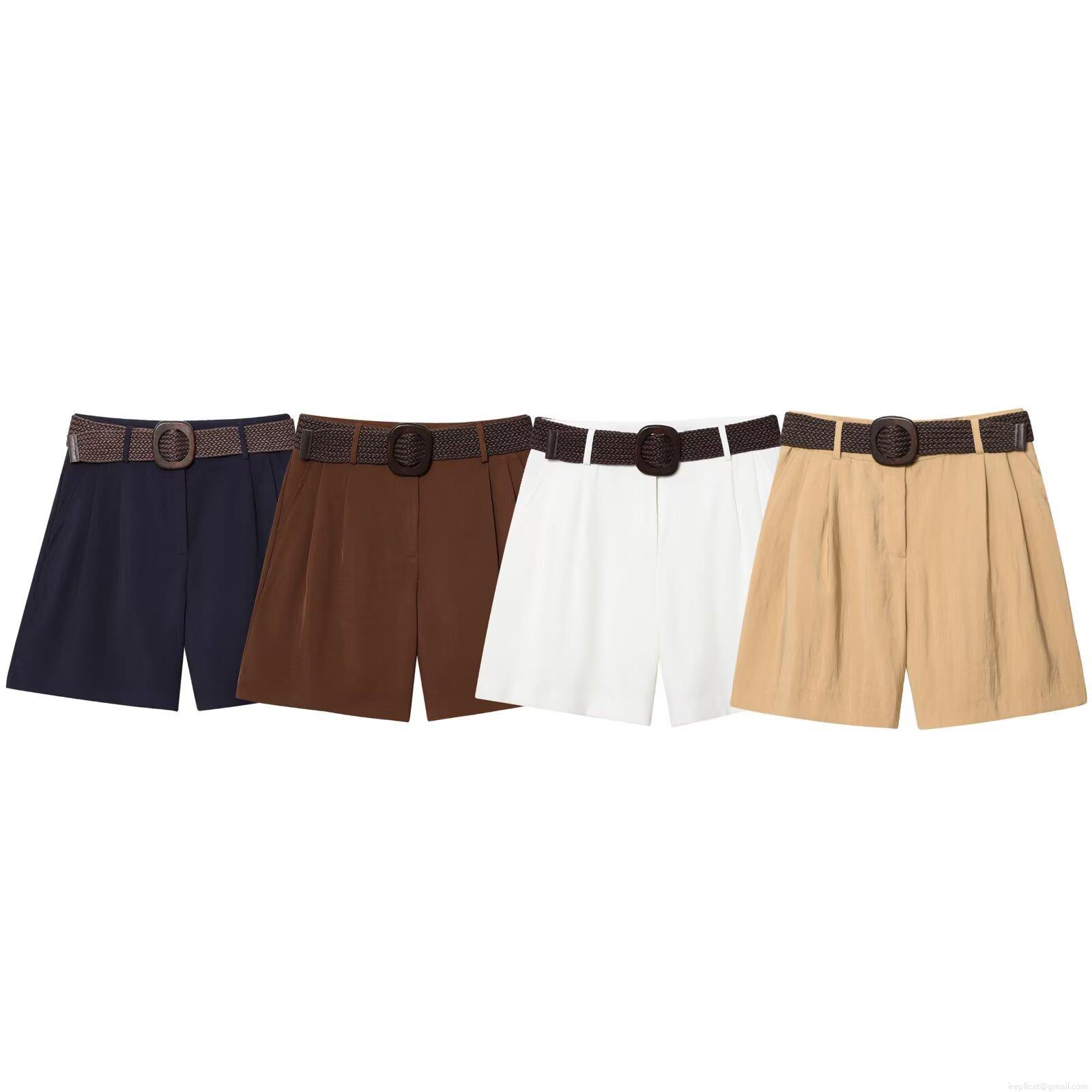 Women's Shorts High Waist Loose Fit Summer Casual Straight Leg Shorts With Woven Belt Solid Color Chic Streetwear For Women Office Lady Polyester Blend Comfortable Bottoms