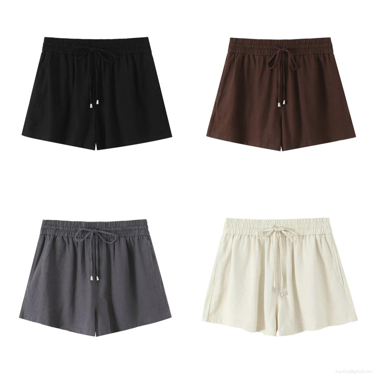 Women Summer Casual Shorts High Waisted Elastic Drawstring Waist Solid Color Polyester Breathable Street Style Loose Beach Shorts for Women