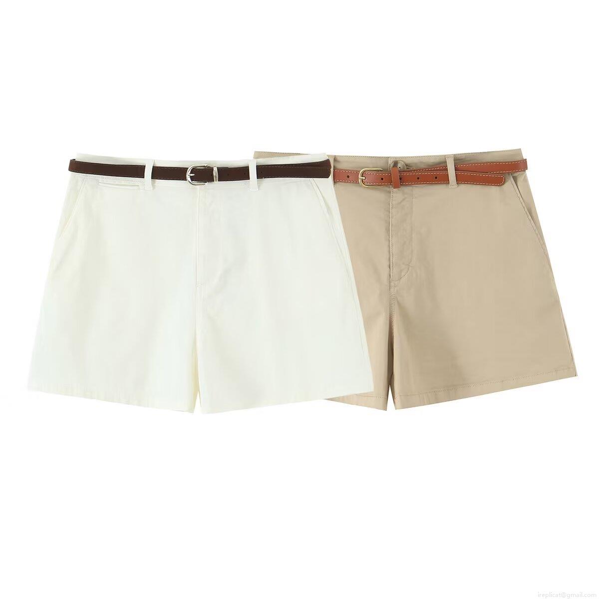 Women's Summer Casual Shorts With Belt 95% Polyester Solid Color Pleated Design Streetwear Low Waist Short Pants For Ladies Everyday