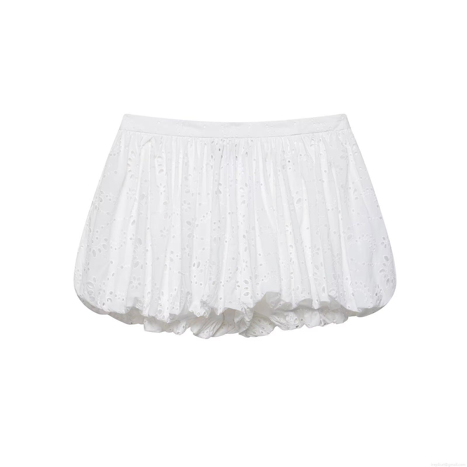 Women's Summer White Eyelet Embroidery Hollow Out Puffy Shorts Casual High Waist Cotton Blend Bloomer Shorts For Vacation Streetwear