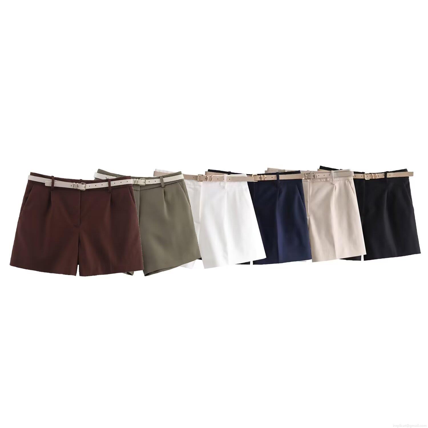 Women's Casual High Waist Suit Shorts With Belt Summer Western Style Pleated Polyester Straight Leg Shorts For Streetwear Office Women