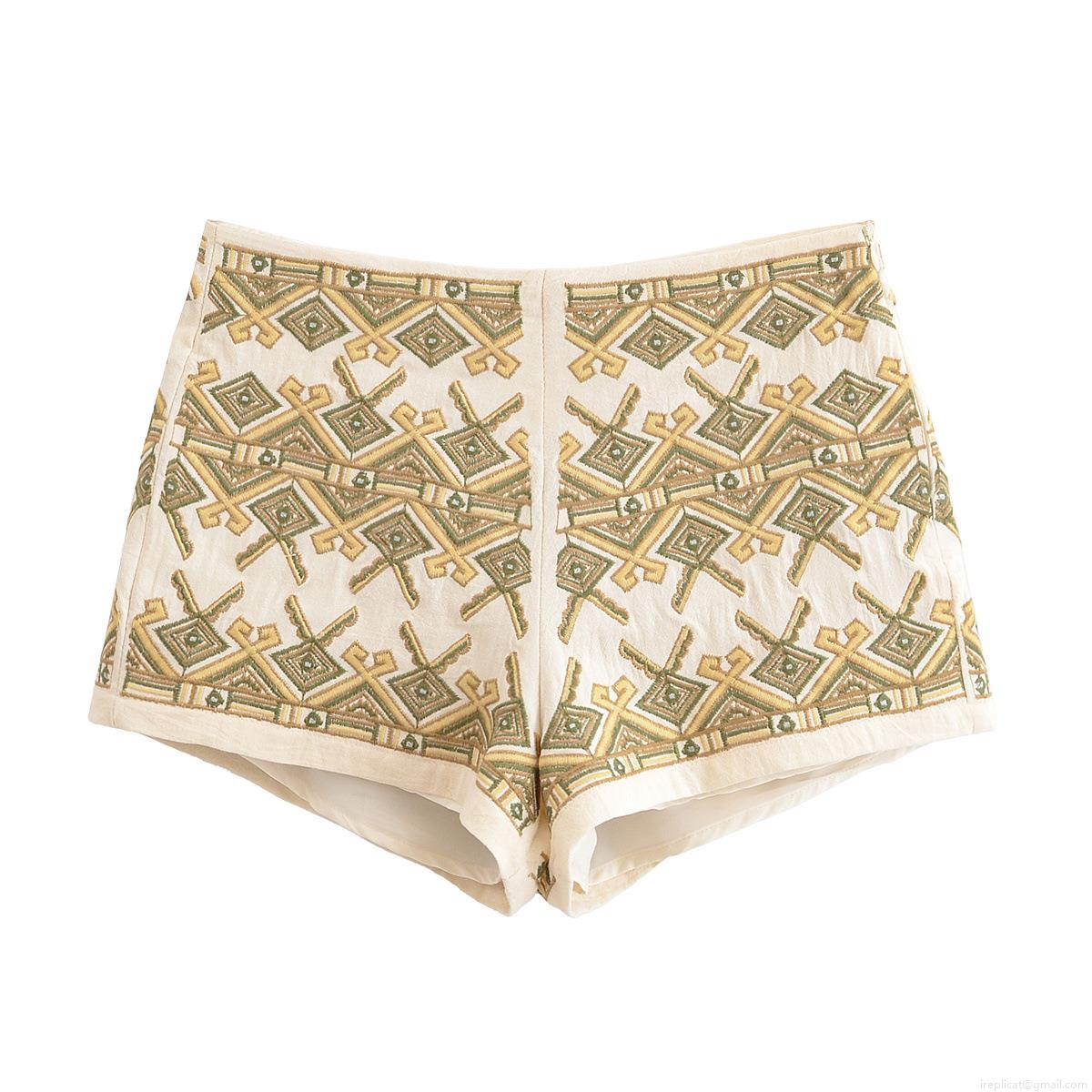 Women's Boho Geometric Embroidery Shorts Ethnic Tribal High Waisted Casual Holiday Beach Off White Polyester Summer Loose Fit Breathable Fashion Bottoms