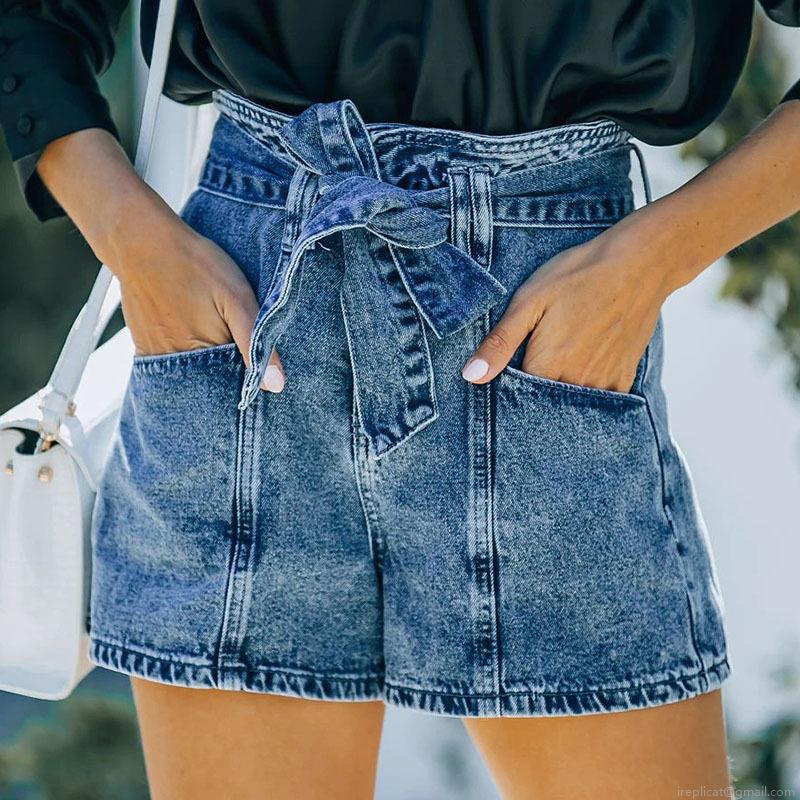 Women's High Waist Denim Shorts With Removable Belt Retro Washed Straight Leg Jean Shorts Casual Summer Paperbag Cotton Blend Bottoms For Women