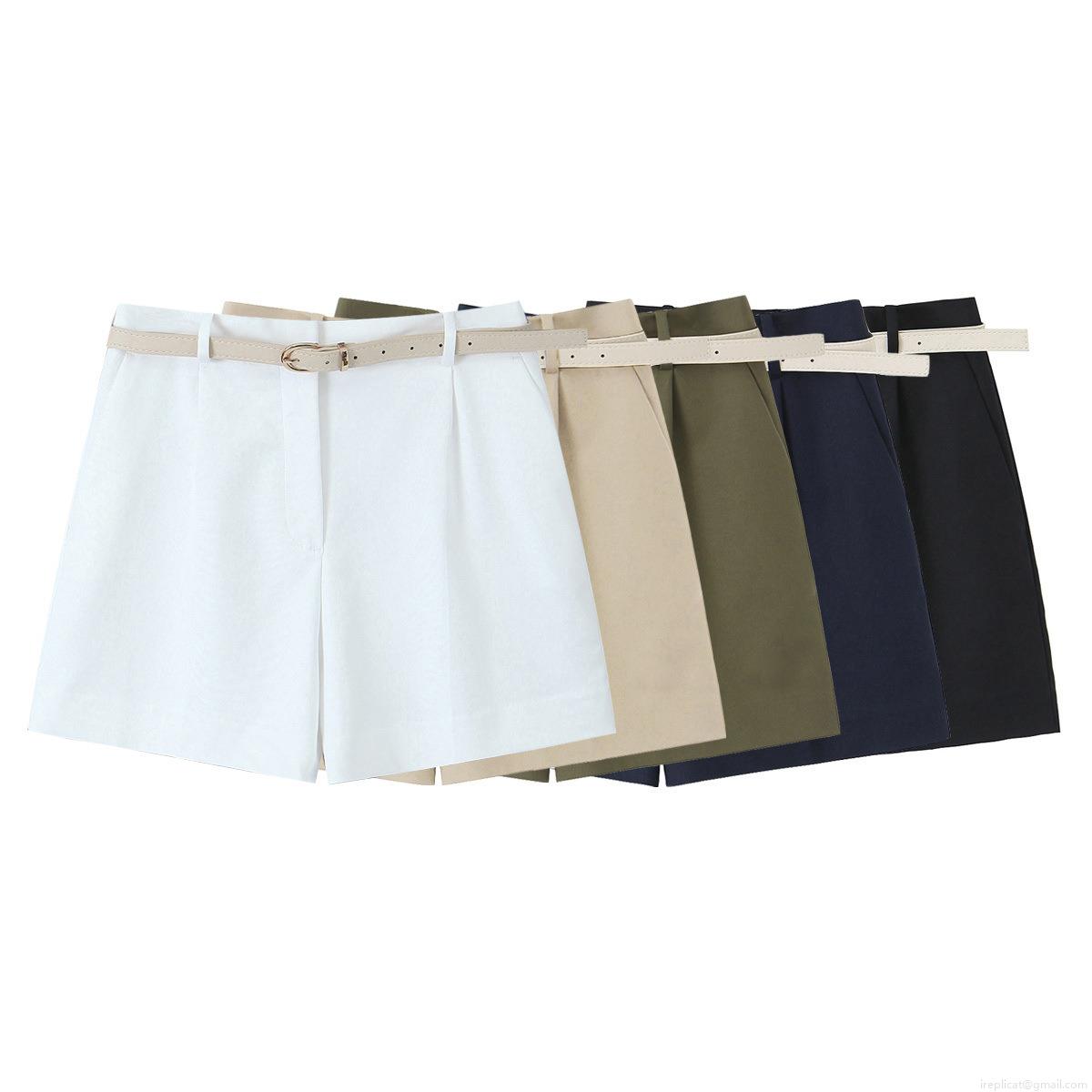 Women's High Waist Polyester Shorts With Removable Belt Casual Solid Color Pleated Slimming Summer Straight Leg Bottoms For Ladies Casual Wear