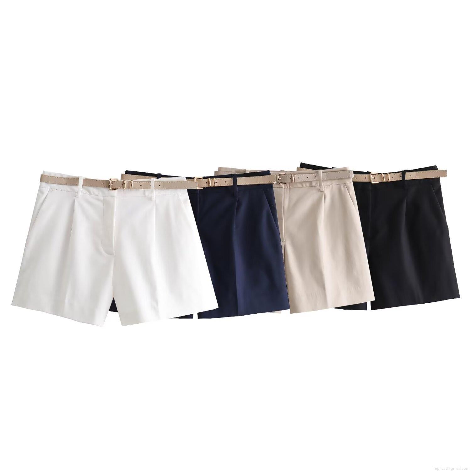 Women's Casual High Waist Short Pants With Skinny Belt Pleated Wide Leg Straight Summer Shorts For Office Daily Wear Comfortable Polyester Shorts