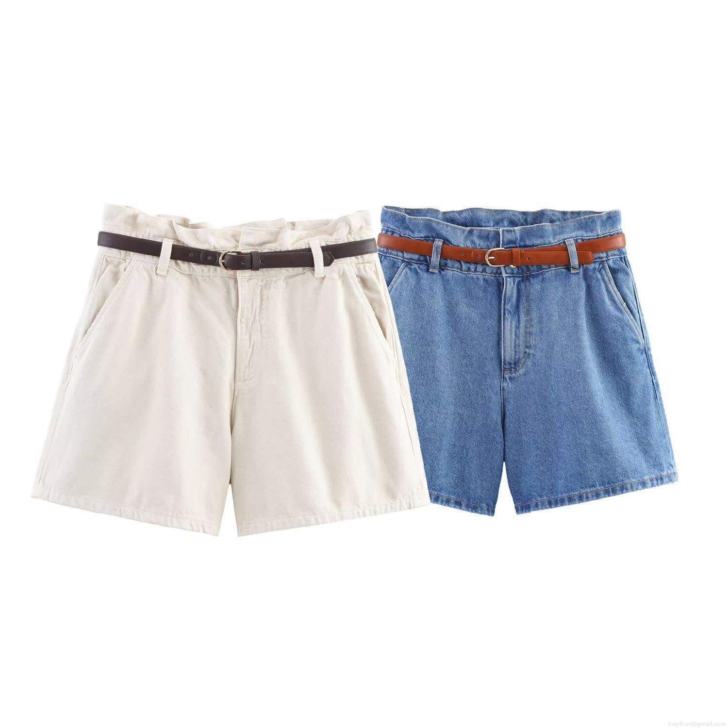 Women's High Waist Paperbag Denim Shorts Casual Wide Leg Hot Pants With Belt Cotton Blend Summer Shorts For Ladies
