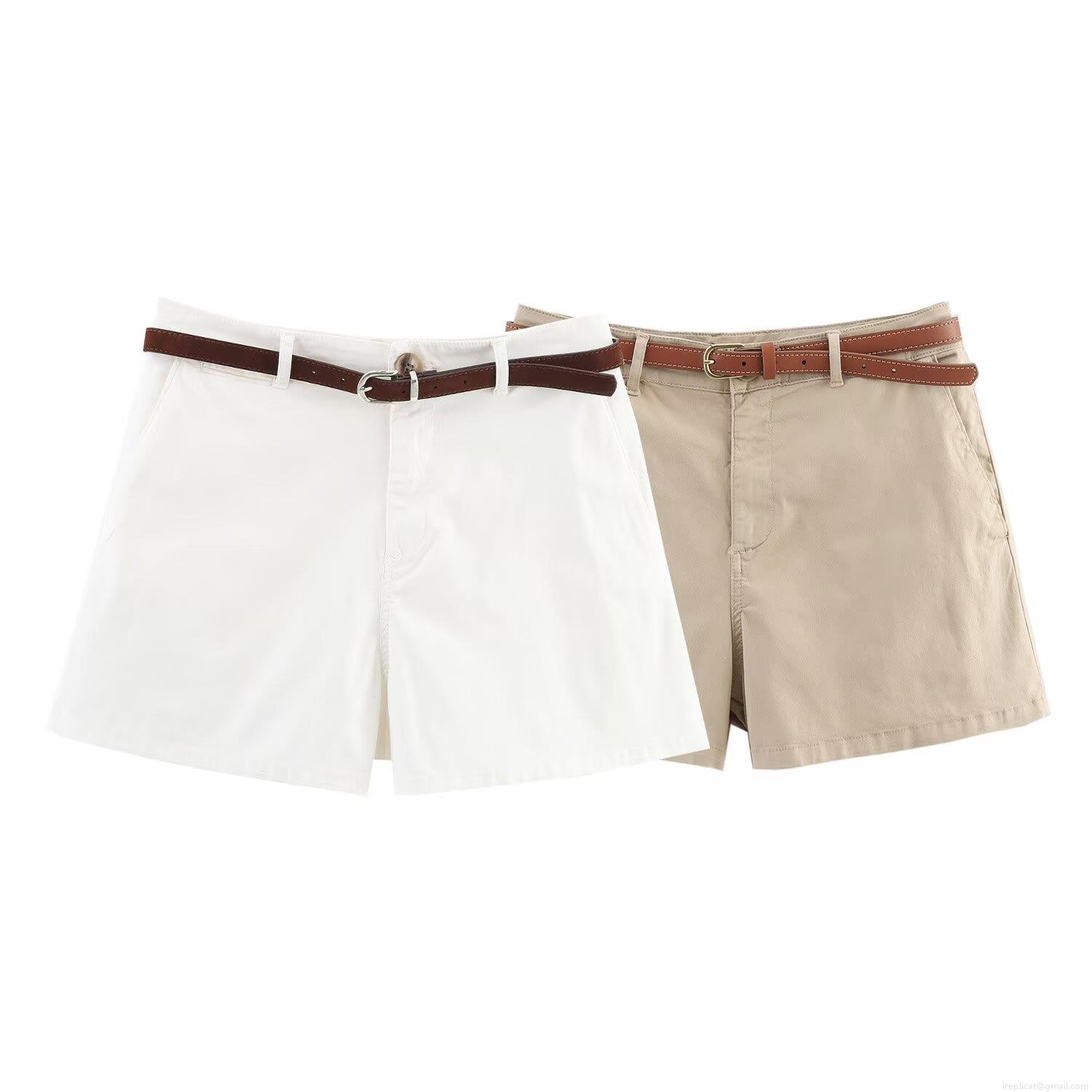 Women's Straight Shorts High Waisted Polyester Spandex Blend With Belt Solid Color Summer Casual Daily Beach Fashion Korean Style Simple Shorts For Women