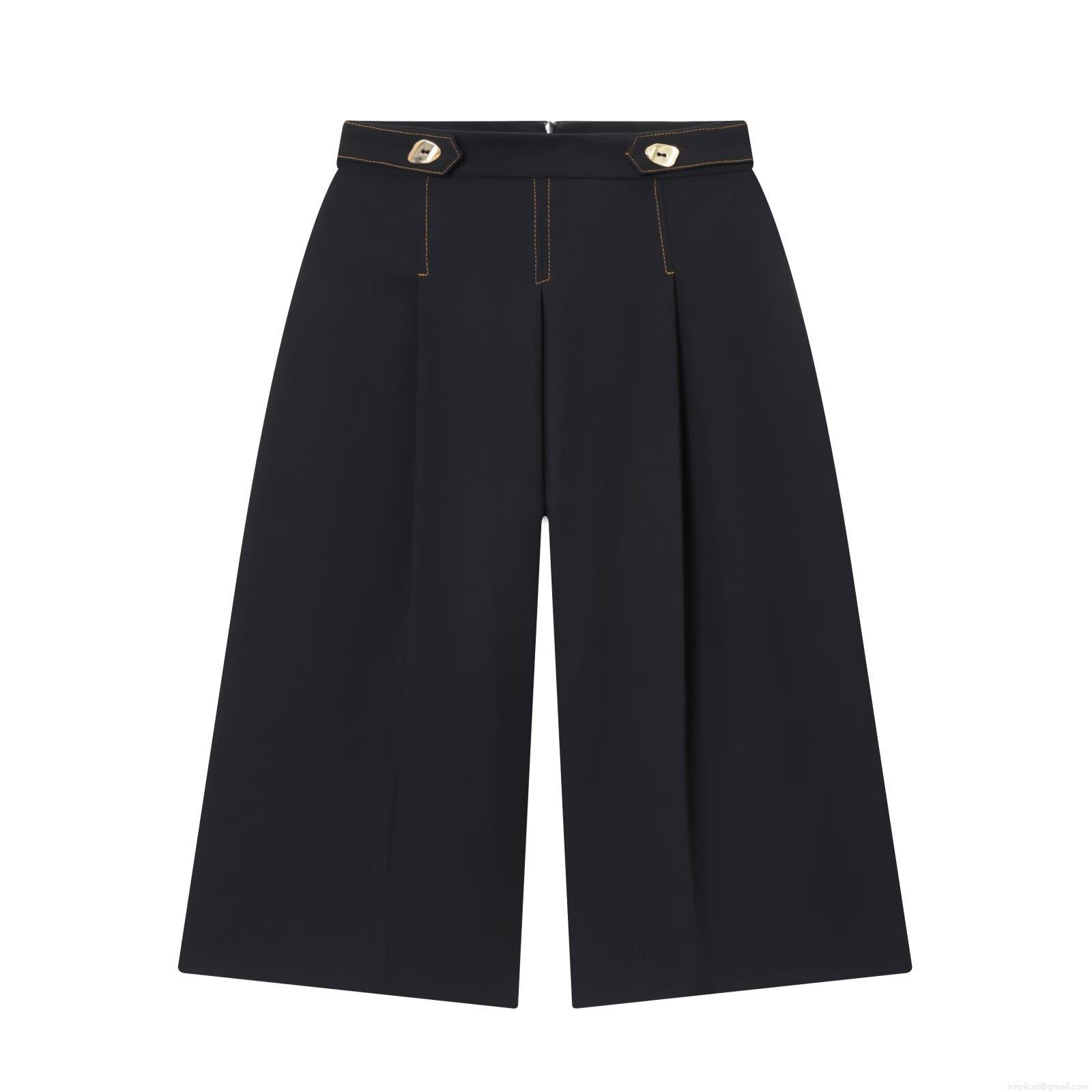 Women's High Waist Wide Leg Shorts Contrast Stitching Straight Suit Fabric Casual Five-Point Pants With Gold Buttons For Daily Office Wear