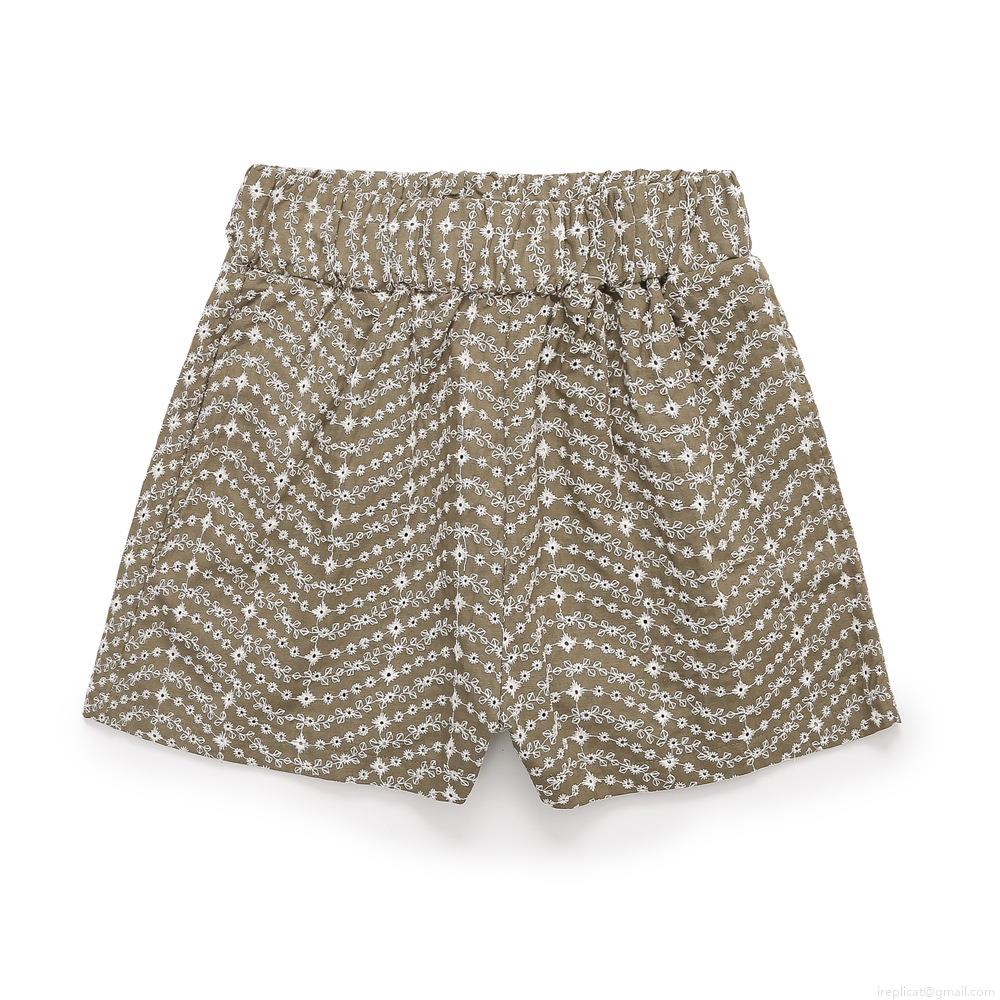 Women's High Waist Floral Embroidery Cotton Blend Shorts Casual Elastic Waist Summer Beach Boho Hot Pants Olive Green With White Flower Detail