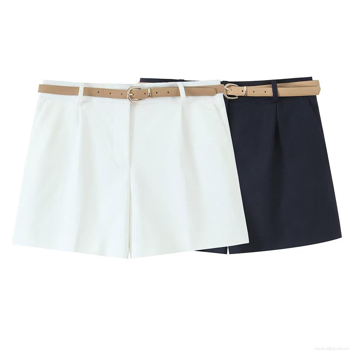Women's Casual Solid Color Pleated Shorts With Belt High Waist Polyester Blend Summer Short Pants For Office Lady Fashion Elegant Women's Bottoms