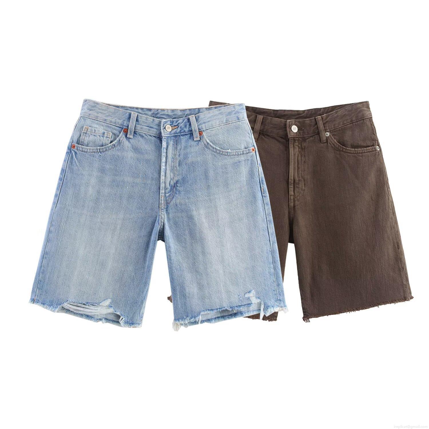 Women's Denim Bermuda Shorts Distressed Ripped Raw Hem Mid Waist Cotton Denim Five Pockets Streetwear Casual Summer Shorts For Women Light Blue Brown