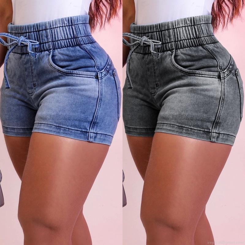 Women's High Waisted Denim Shorts Slim Fit Elastic Waist Drawstring Hot Pants Acid Wash Cotton Blend Summer Casual Sexy Short Jeans for Women