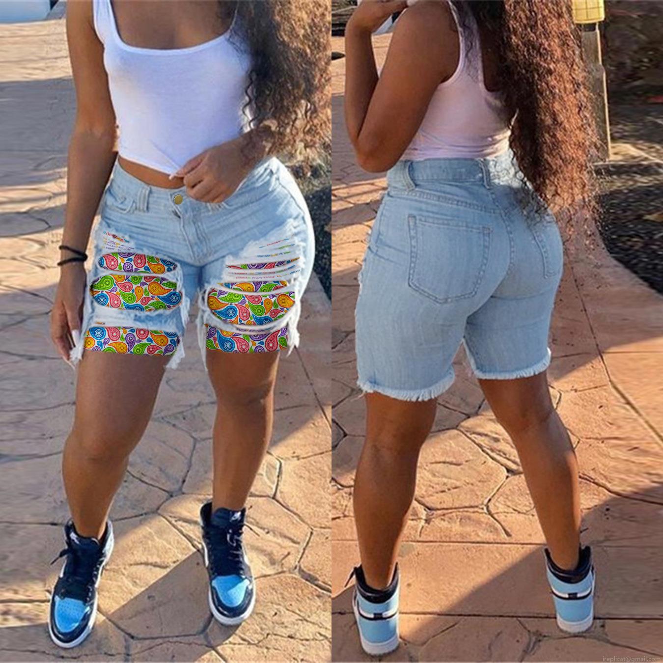 Women's High Waist Ripped Denim Shorts Paisley Patchwork Frayed Hem Distressed Hot Pants Summer Casual Streetwear Slim Fit Quarter Jean Shorts For Women