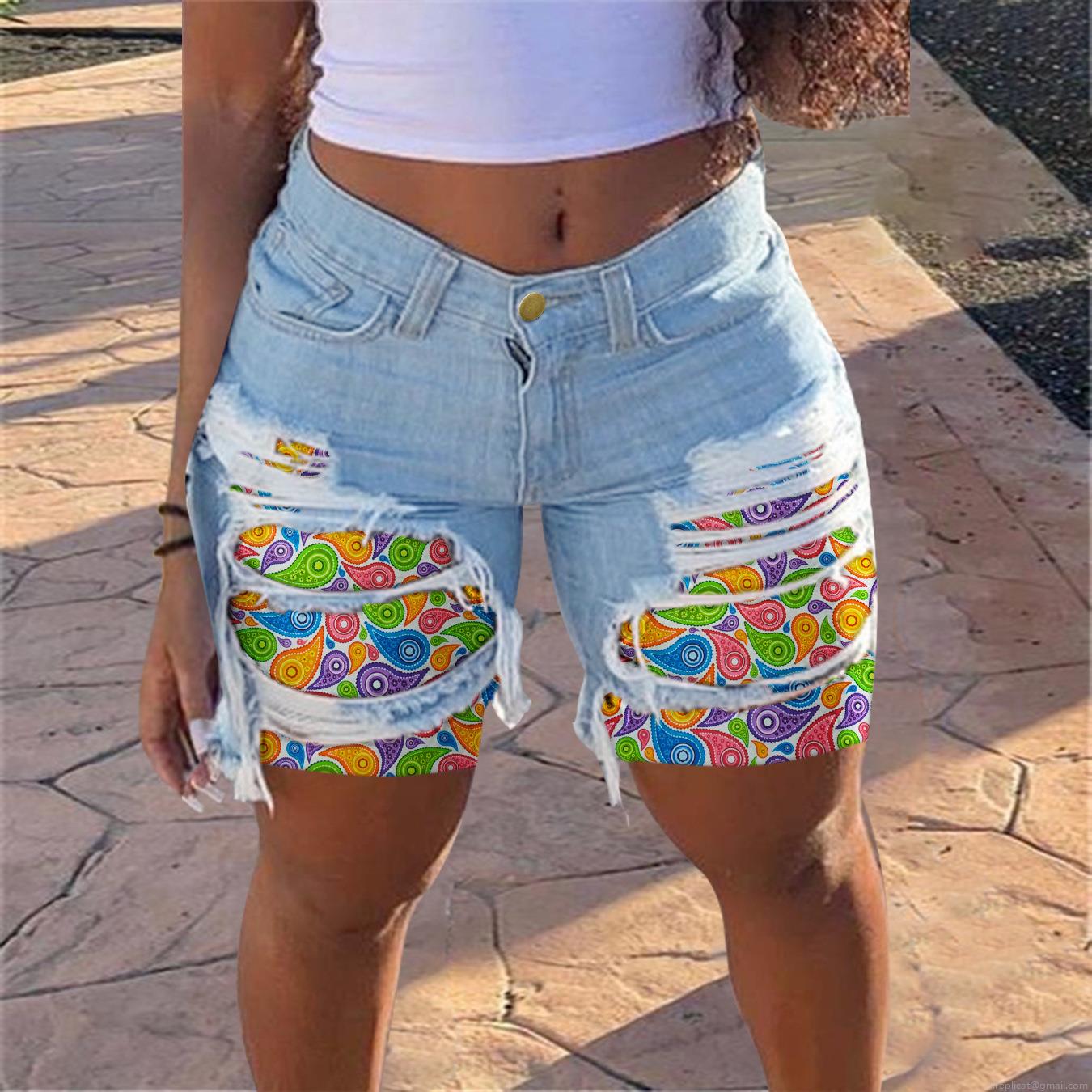 Women Distressed Patchwork Denim Shorts Mid Waist Raw Hem Streetwear Cotton Polyester Denim Bottoms For Summer Casual Beach