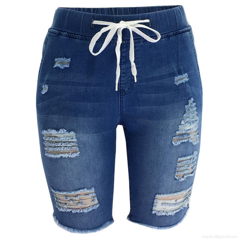 Women's Ripped Denim Shorts Distressed Drawstring Elastic Waist Casual 5-Point Jean Shorts Mid Rise Stretchy Denim Hot Pants For Summer Streetwear