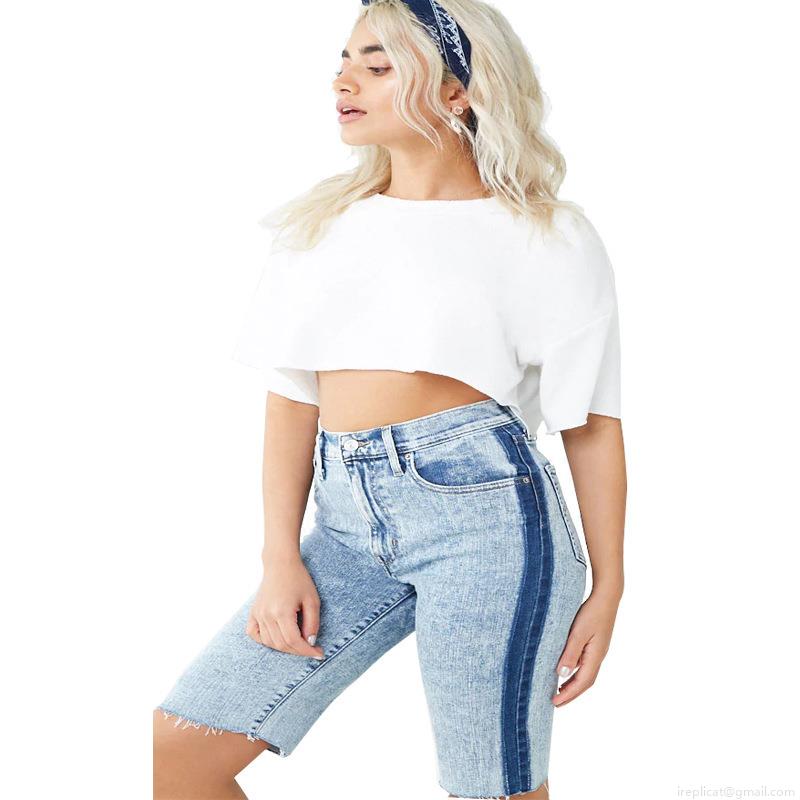 Women's Denim Biker Shorts Contrast Side Stripe High Stretch Cotton Blend Washed Raw Hem Mid Waist Skinny Cycling Shorts Summer Streetwear