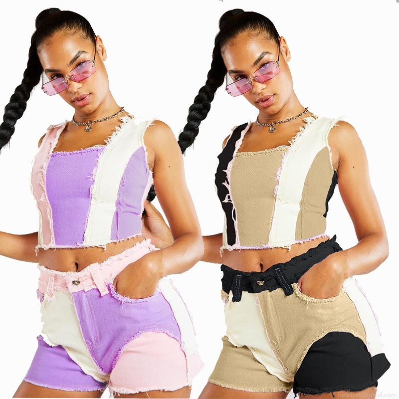 Women's High Waist Patchwork Denim Shorts Frayed Raw Hem Color Block Stretchy Jeans Shorts Slim Fit Casual Streetwear Hot Pants for Women