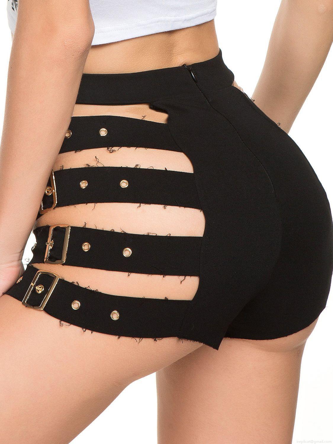 Women Sexy Side Cut Out Denim Shorts High Waist Mini Hot Pants With Adjustable Metal Buckles Punk Gothic Clubwear Frayed Hem Summer Jean Shorts For Women