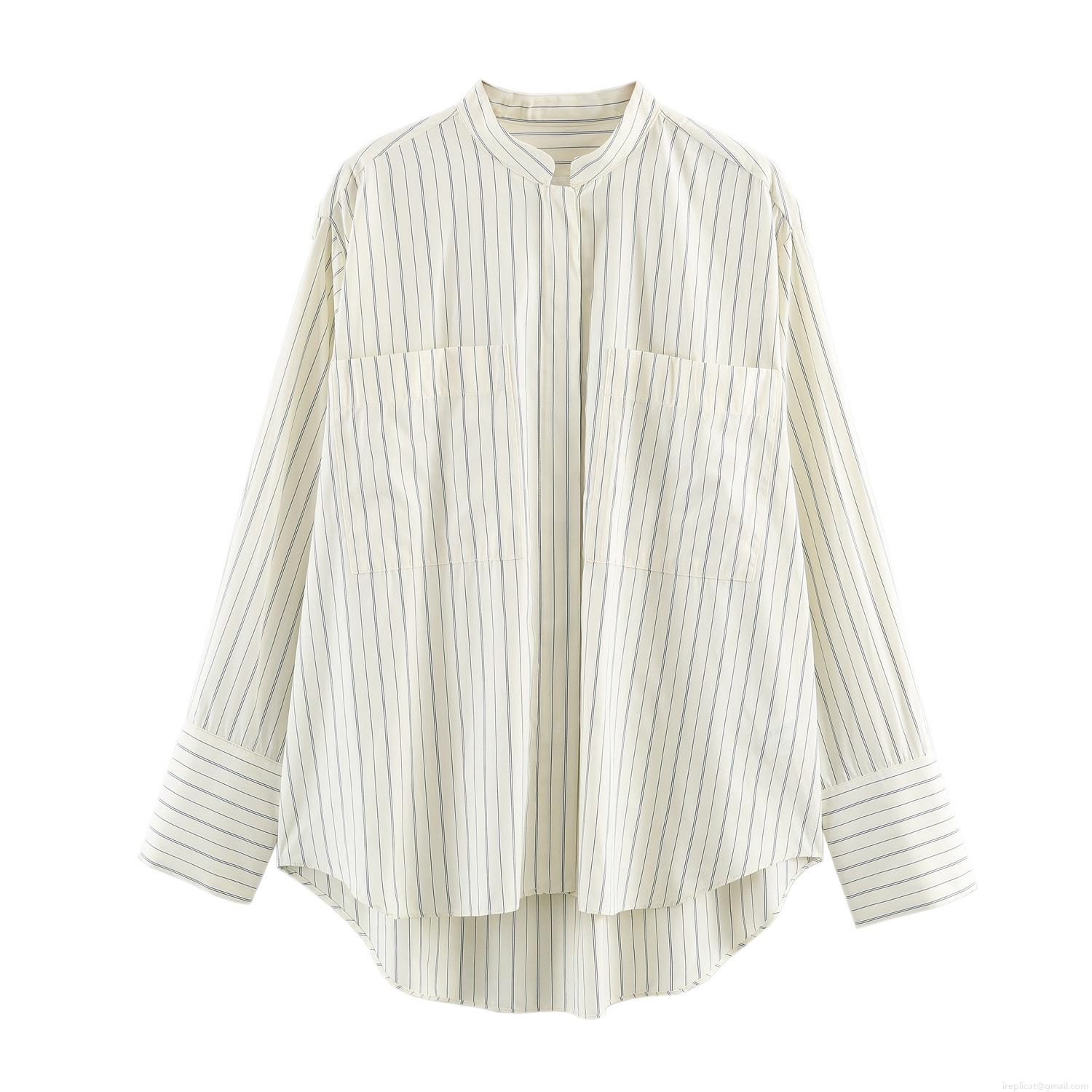 Women's Casual Striped Shirt Loose Polyester Mandarin Collar Long Sleeve Top With Front Pockets High-Low Hem Minimalist Style Blouse For Women Daily Wear