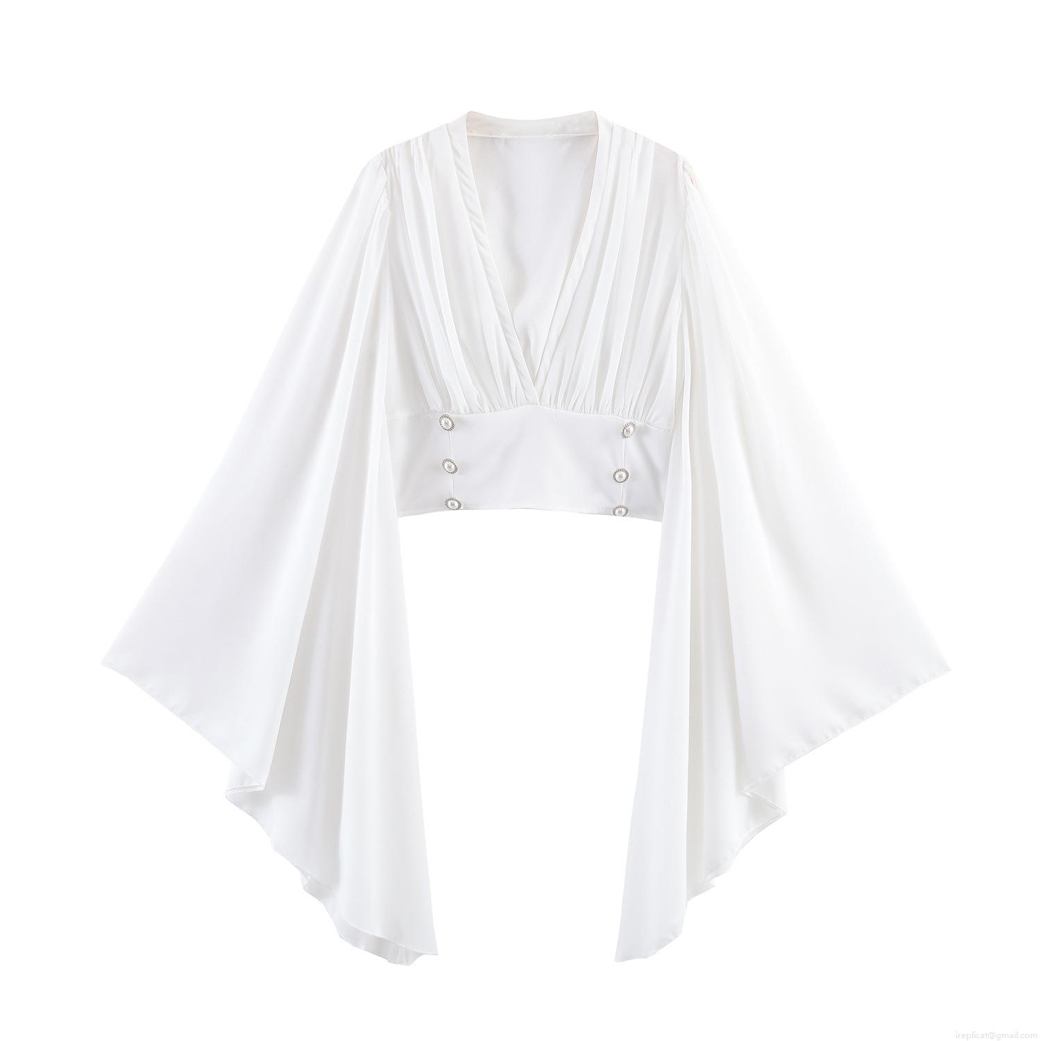Elegant French Women V Neck Cropped Blouse Flare Long Sleeve Top With Pearl Button Decoration Pleated Chiffon Texture Polyester Shirt For Daily Dating
