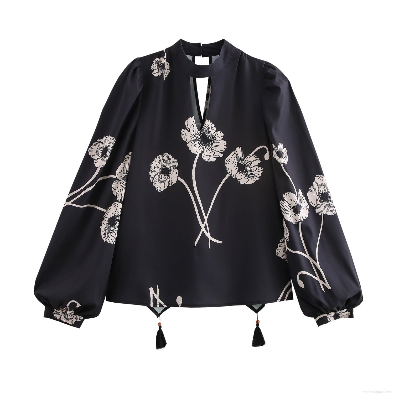 Women's Vintage Floral Print Blouse Elegant Stand Collar Hollow Out Lantern Sleeve Shirt With Tassel Casual Polyester Top For Women
