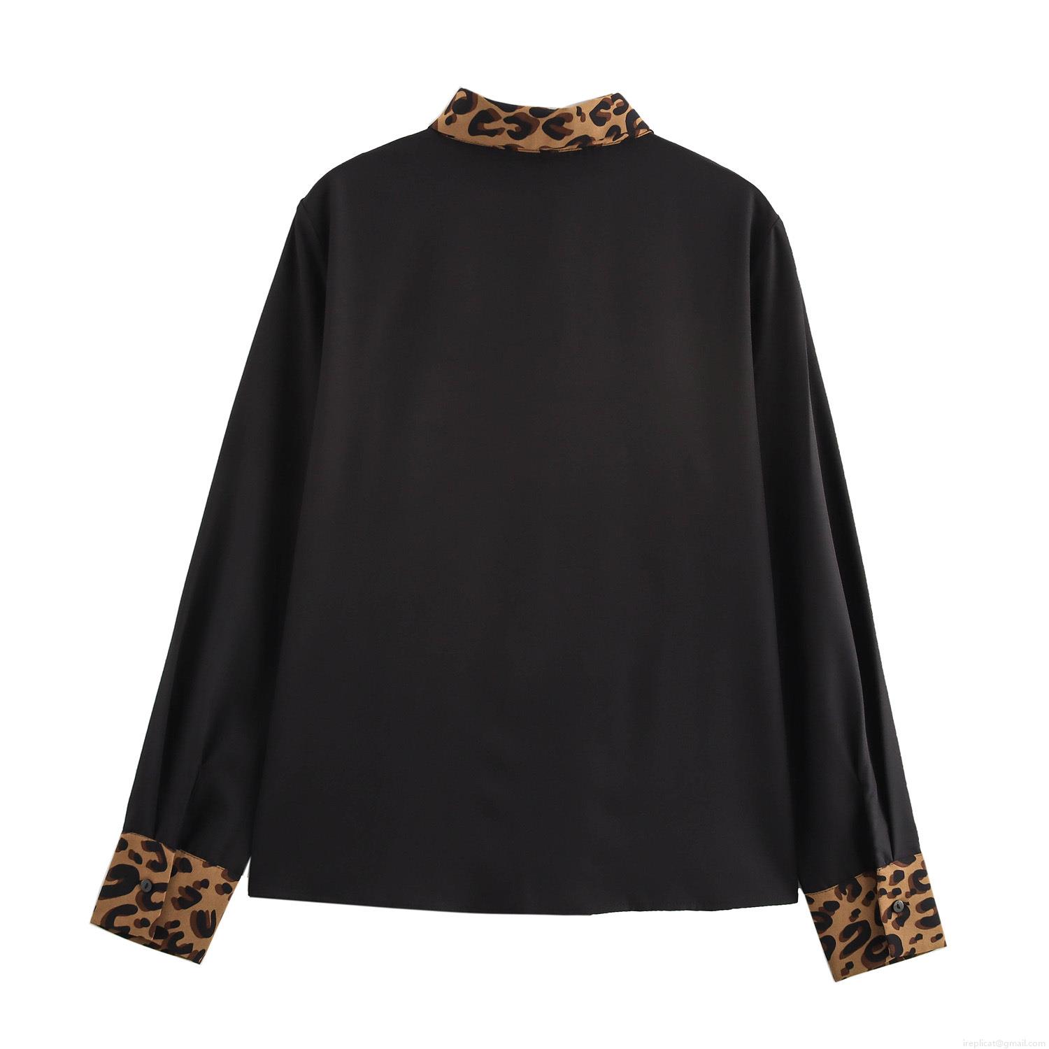 Women's Retro Leopard Print Stitching Long Sleeve Shirt Loose Lapel Contrast Color Polyester Blouse Casual Single Breasted Button Up Top For Women