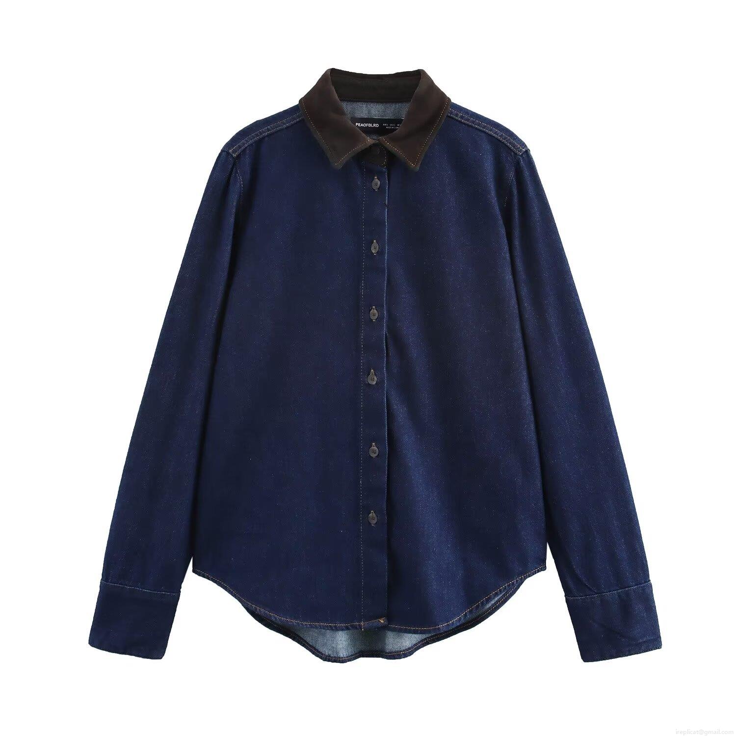 Women's Vintage Denim Shirt Contrast Color Turn-down Collar Long Sleeve Loose Blouse Casual Streetwear Tops Button Down Denim Jacket For Women