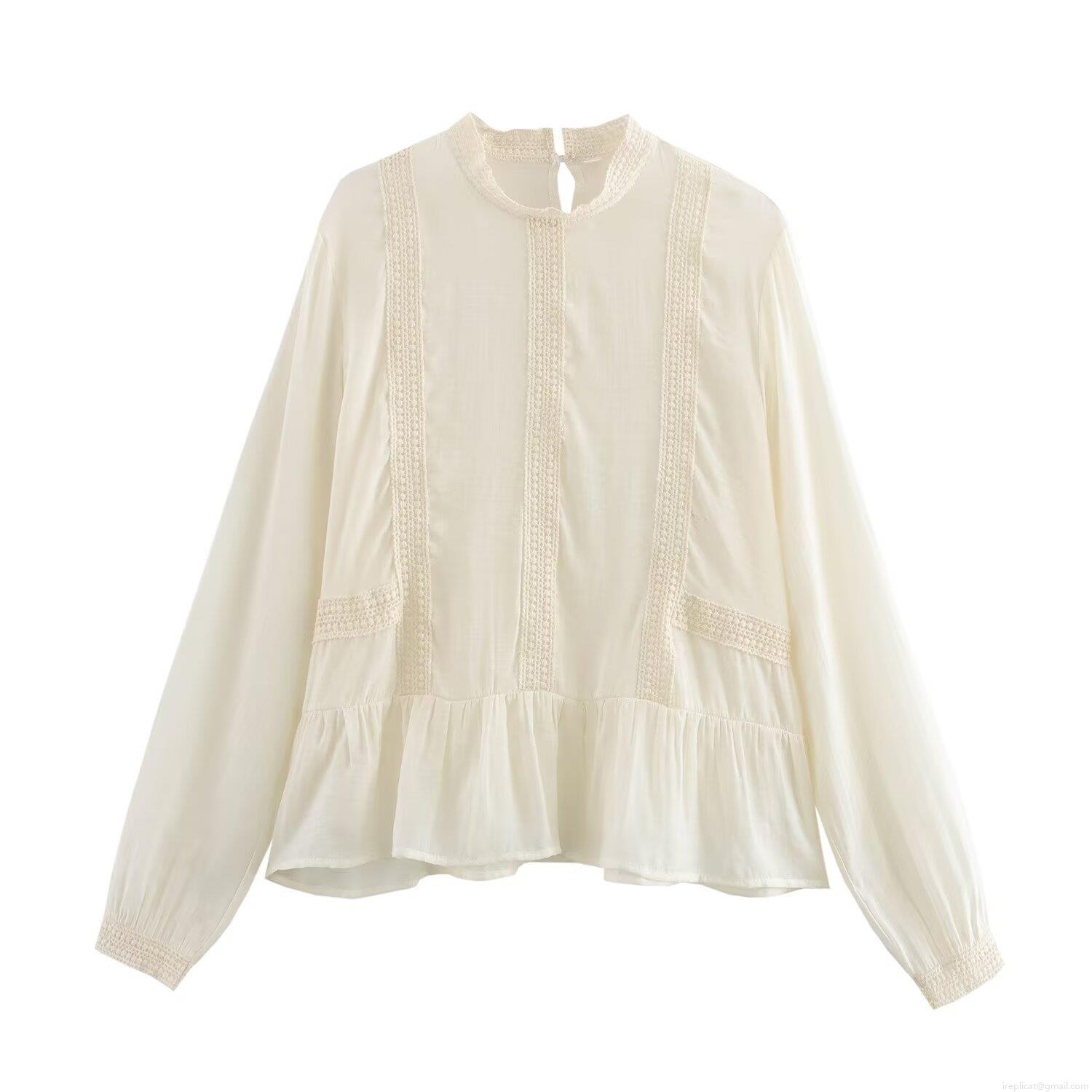 Women's Elegant White Chiffon Blouse With Lace Patchwork Ruffle Hem Stand Collar Long Sleeve Pullover Shirt For Daily Lady Office Solid Top