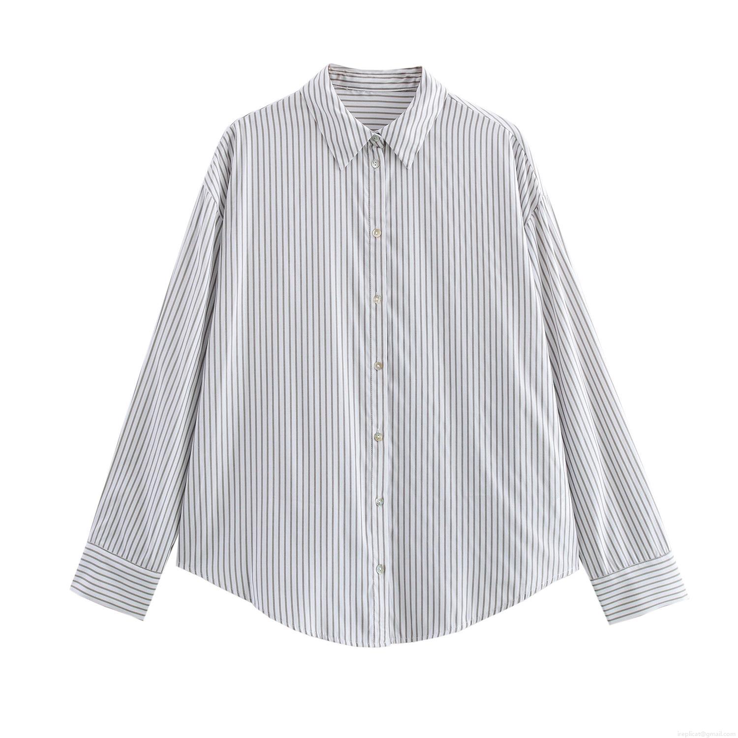 Women's Striped Long Sleeve Shirt Lapel Neck Button Down Blouse Office Commuting Loose Fit Casual Top Polyester Comfortable Breathable Shirt