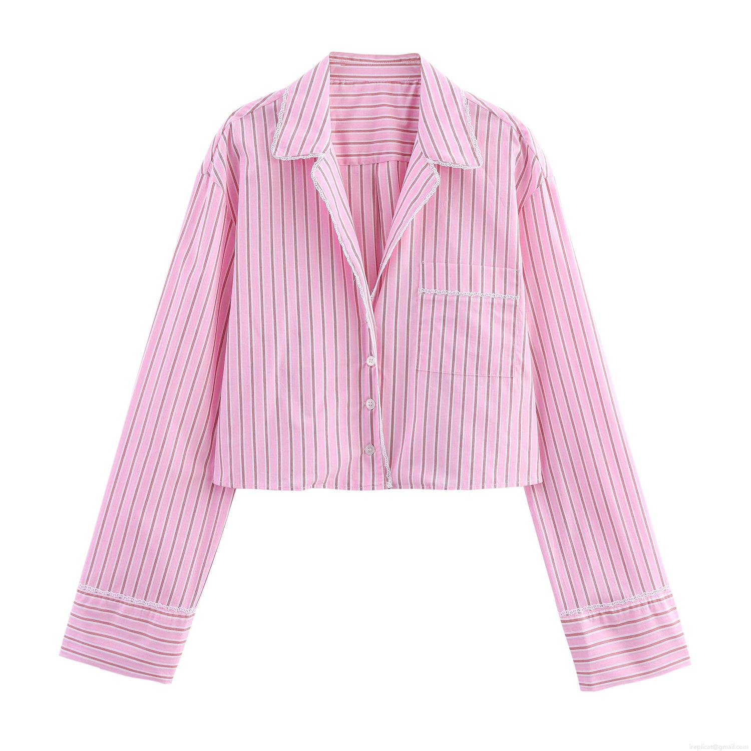 Women's Sweet Striped Long Sleeve Blouse Lace Patchwork V-Neck Loose Shirt Casual Button Down Polyester Top For Ladies