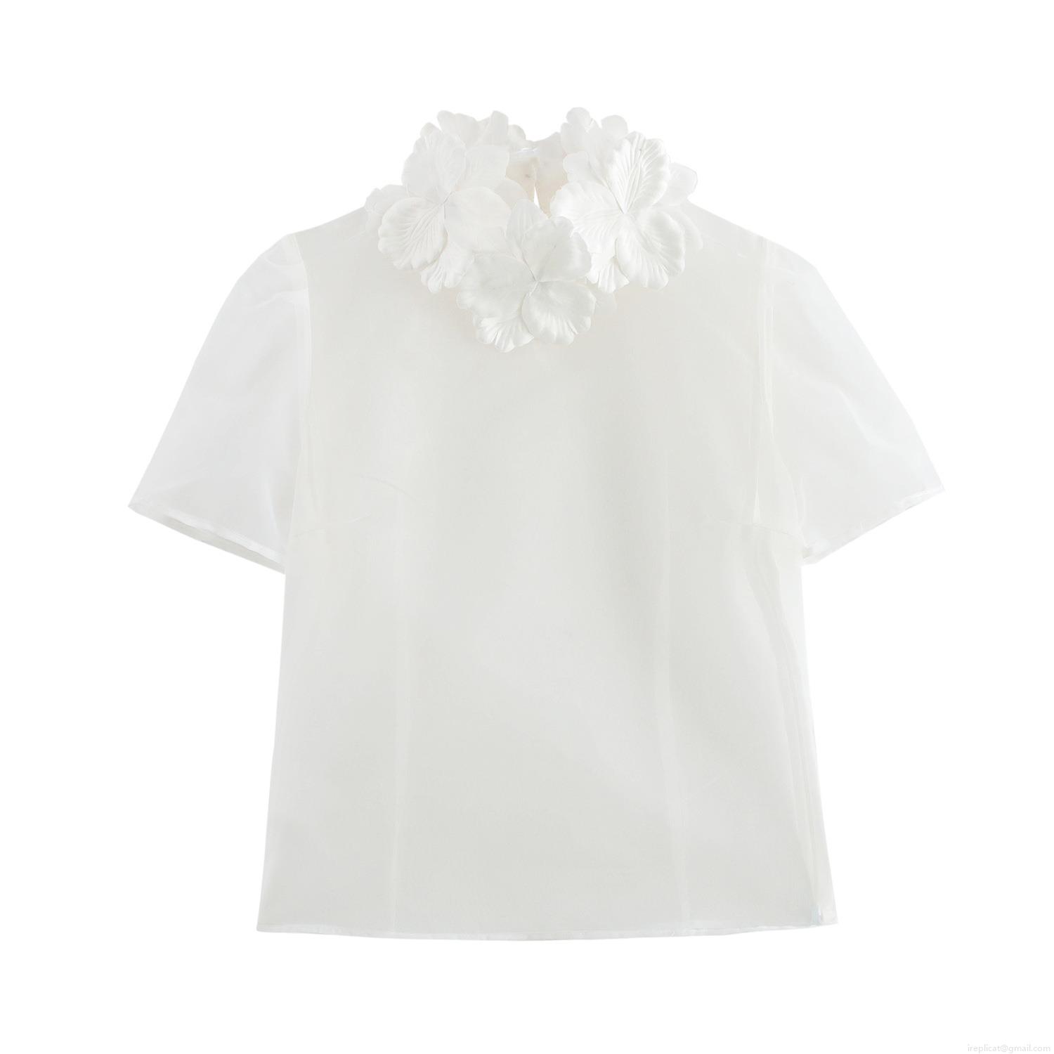 Women's Sweet Organza Blouse Top 3D Floral Applique Short Sleeve Sheer Shirt For Party Daily Elegant Girl Style