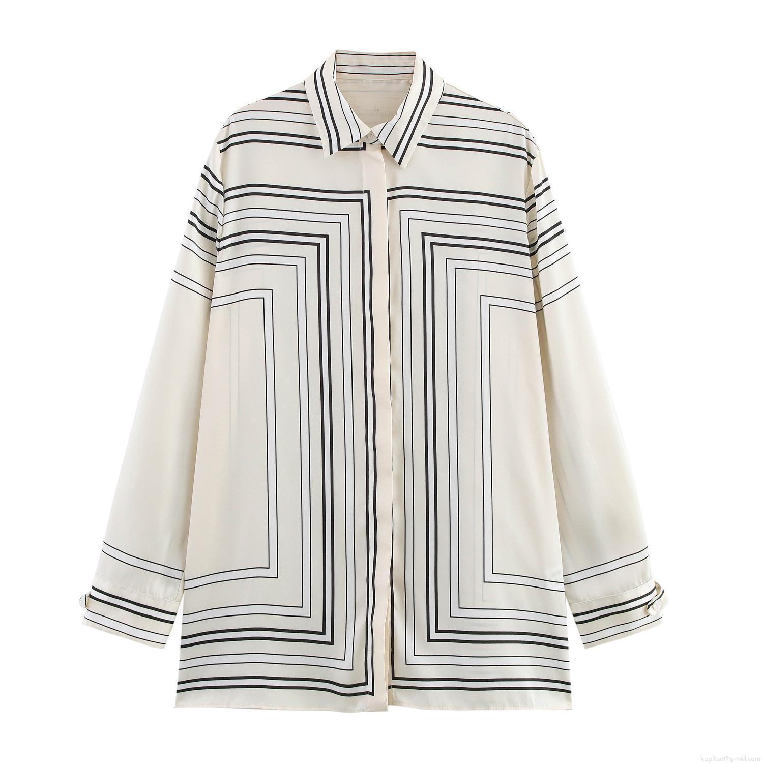 Women's Satin Long Sleeve Shirt Minimalist Geometric Line Print Turn-down Collar Button Down Loose Blouse For Commuting Daily Office Wear