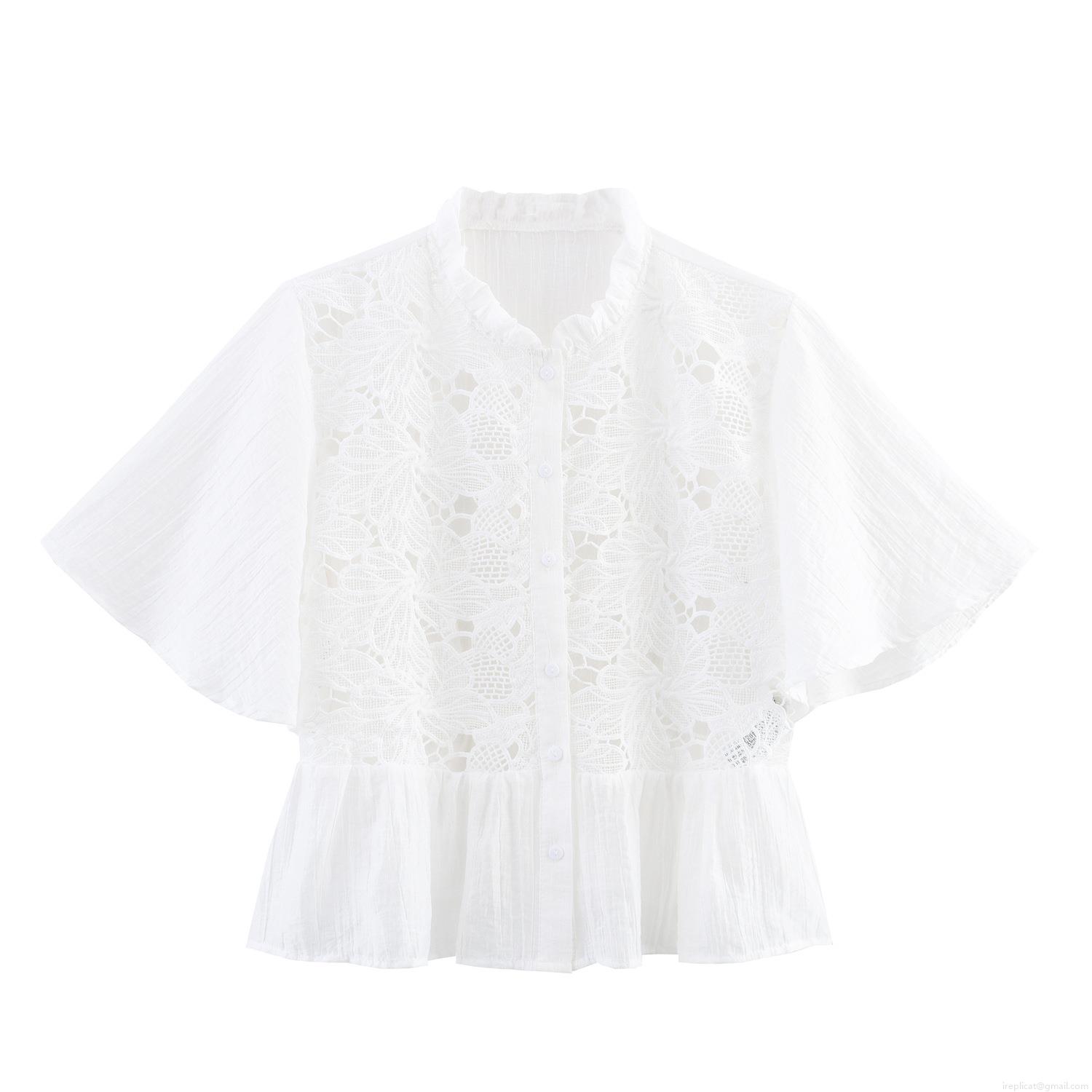 Women's Lace Patchwork Blouse Short Flutter Sleeve Button Down Lapel Shirt Sweet White Polyester Lace Top For Women Casual Summer