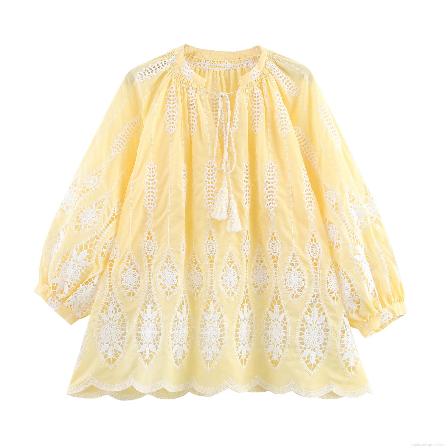 French Style Women Embroidered Blouse V Neck Puff Long Sleeve Boho Top With Tassel Tie Hollow Out Lace Summer Beach Vacation Resort Shirt