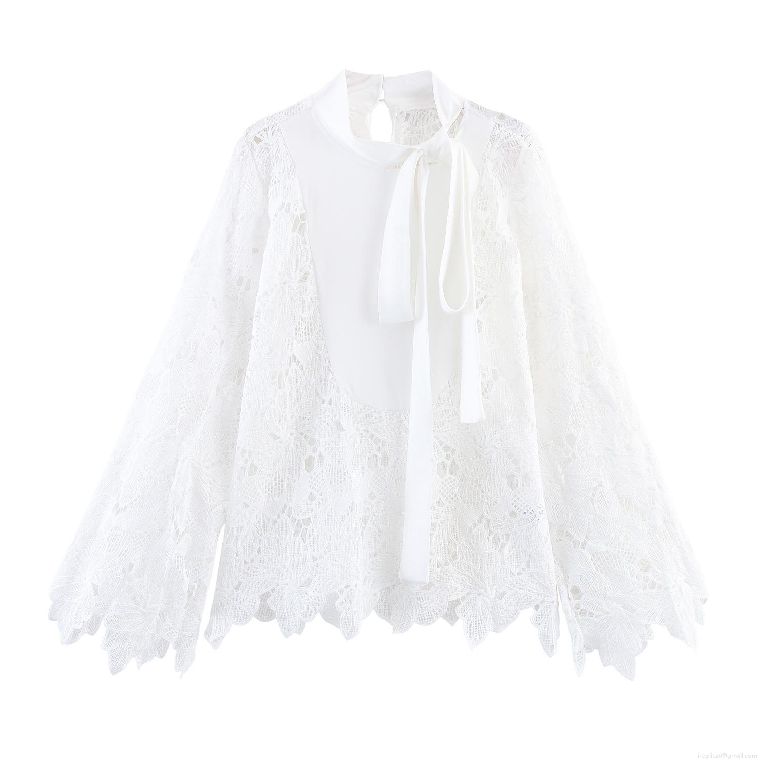 Women White Elegant Lace Blouse Long Sleeve Stand Collar Bow Tie Shirt Floral Hollow Out Mesh Tops For Office Lady Commuter Sweet Style