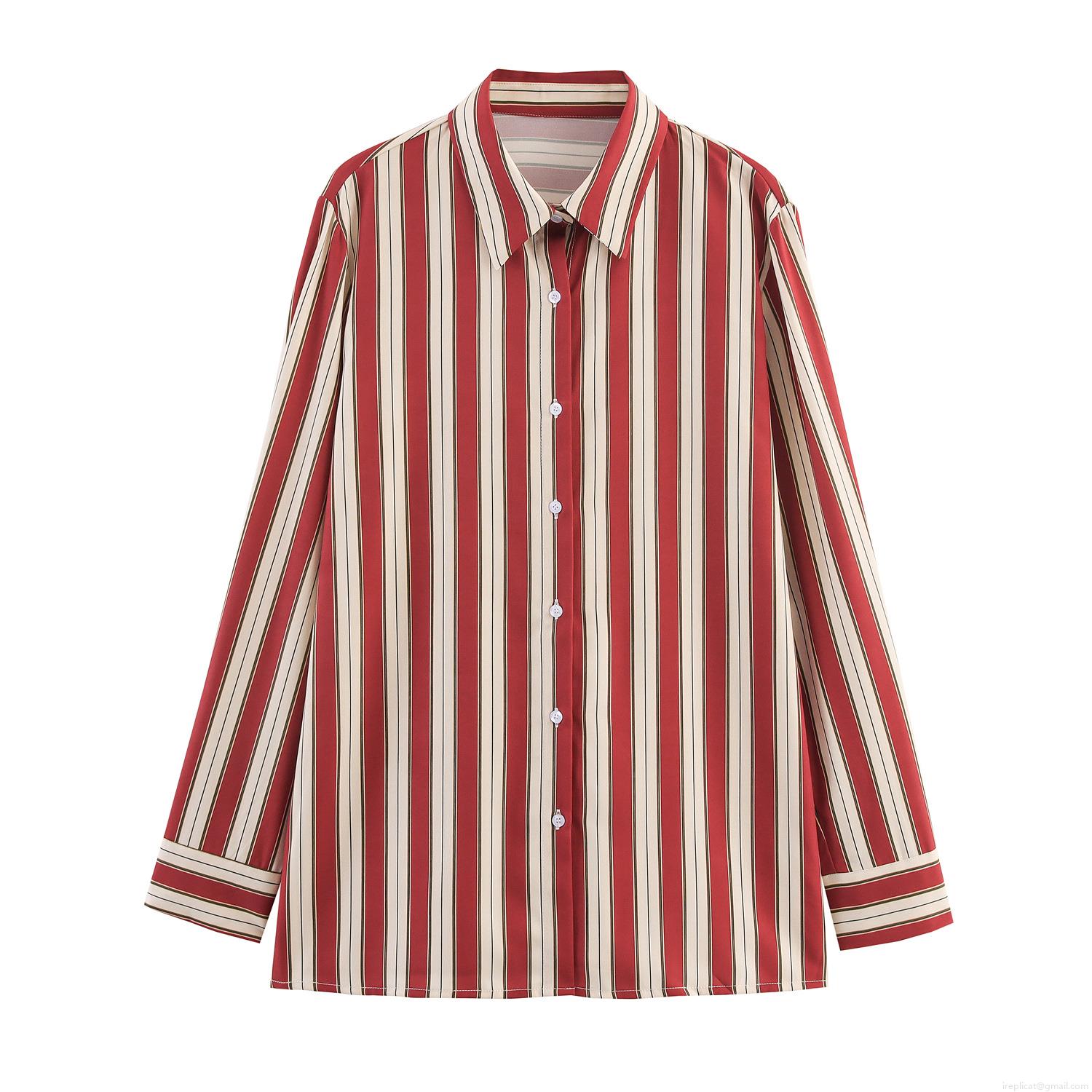 Women's Striped Long Sleeve Blouse Polyester Lapel Shirt With Back Tie Waist Commuter Office Top Casual Slim Fit Vertical Stripe Button Down Shirt