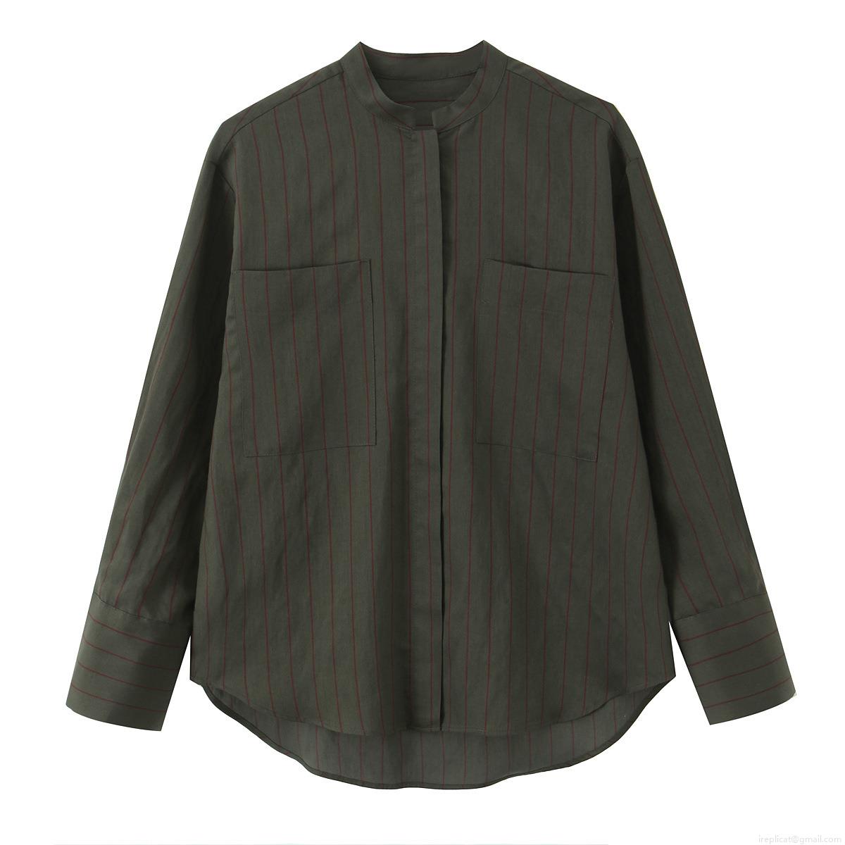 Women's Striped Long Sleeve Stand Collar Shirt Casual Loose Polyester Contrast Striped Top With Double Pockets Streetwear Fashion Blouse For Ladies