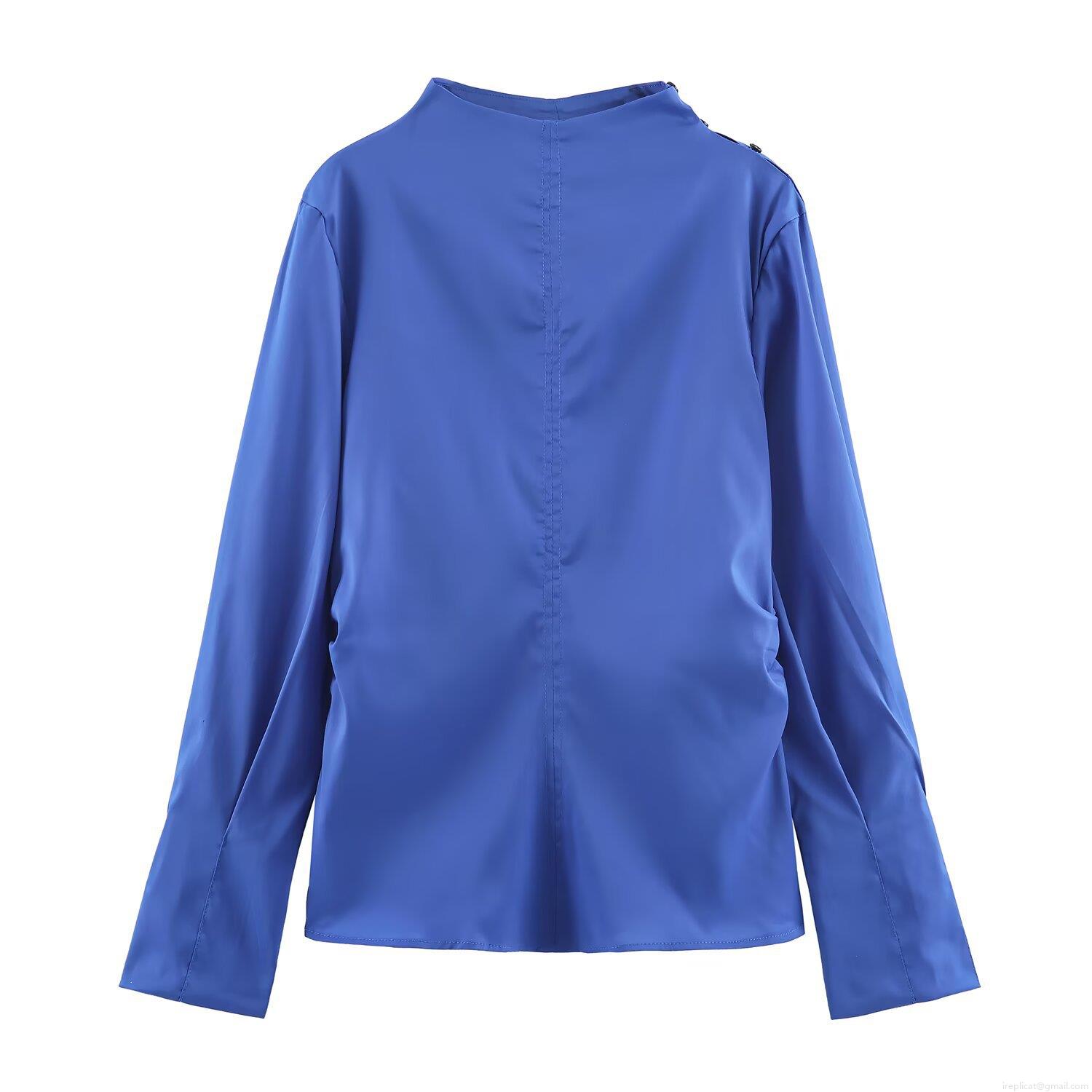 Women's Elegant Pleated Satin Blouse Polyester Long Sleeve Stand Collar Side Decorative Buttons Solid Blue Daily Streetwear Party Top Spring Autumn Apparel